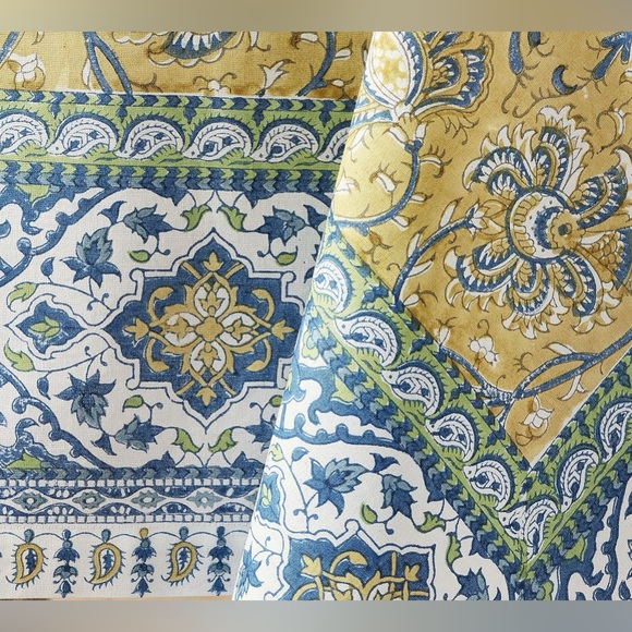New Pottery Barn Carolle Kalamkari Block Print Tablecloth, Casual Cotton Yellow - Picture 3 of 14